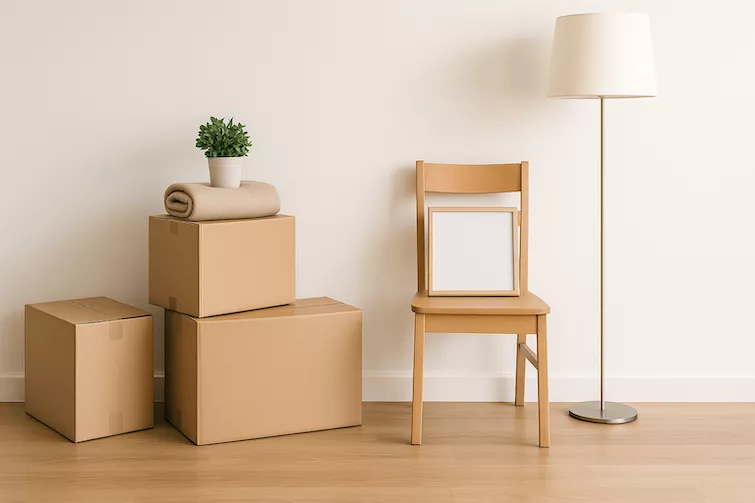 "Minimalistisk interiör med några flyttlådor och få ägodelar – symboliserar rensning och enkelhet inför en ny start vid flytt"